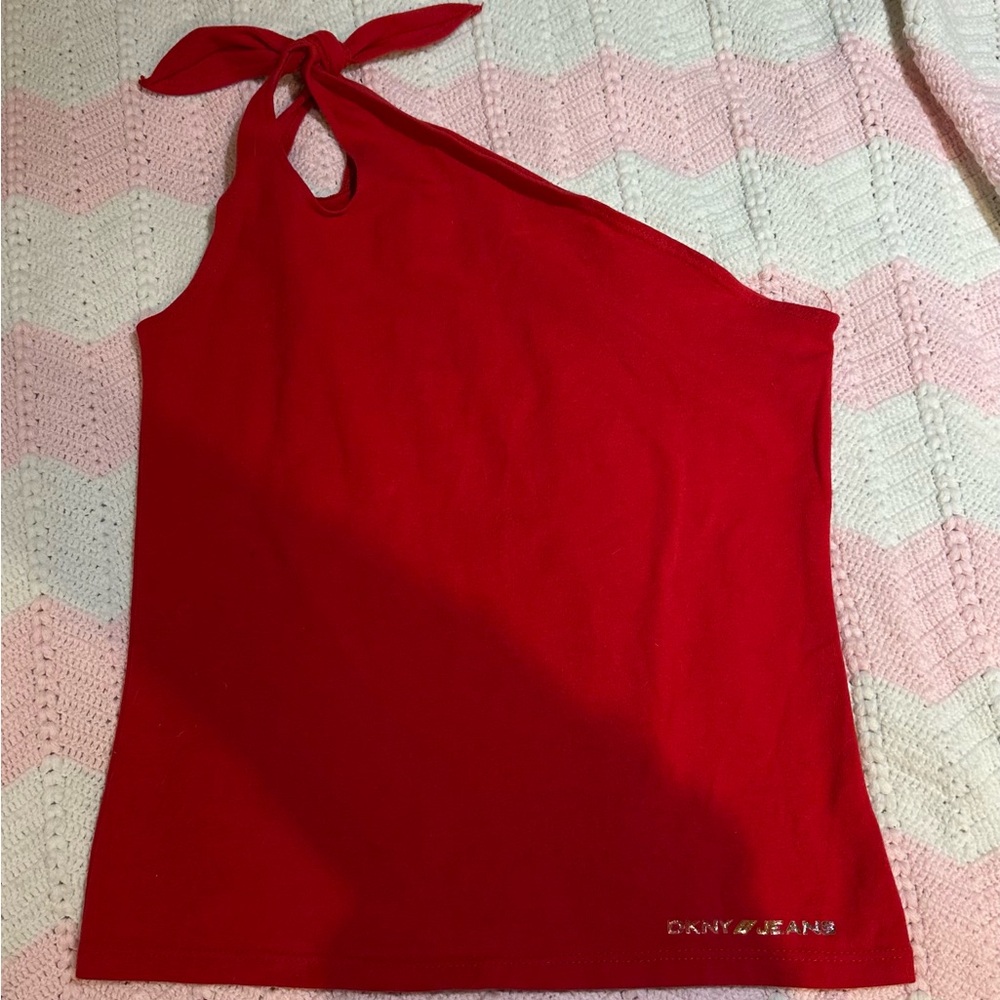 Dkny Red Asymmetrical Sleeveless Tank Top